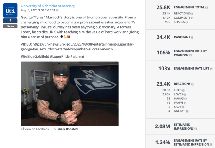 A Twitter post from the University of Nebraska at Kearney celebrating George "Tyrus" Murdoch’s return to his alma mater. The image shows Tyrus receiving a diploma, with engagement metrics displayed. This is an example of higher education social media focusing on alumni stories.